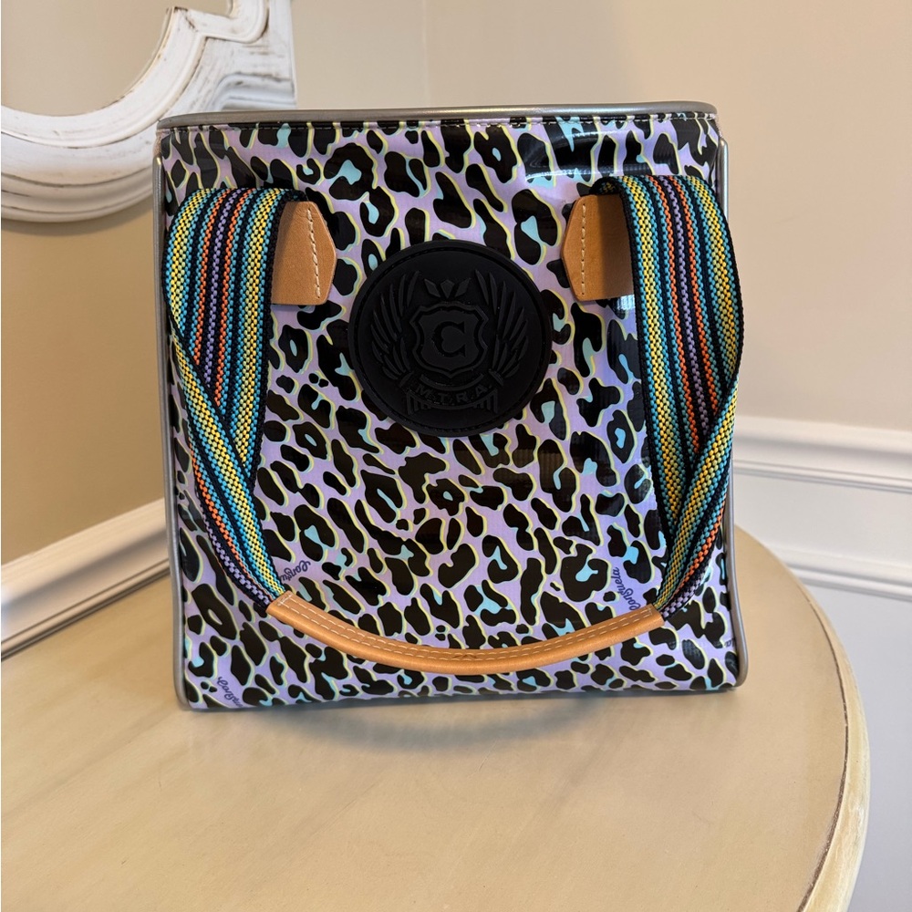 Consuela Chic Leopard Print Tote Bag with Multicolor Straps